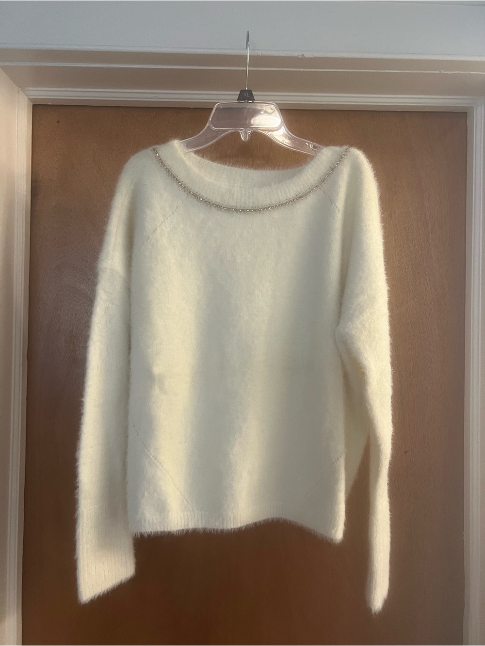 Jennifer Lopez Women’s Cream Fuzzy Scoopneck Long Sleeve Sweater with Rhinestone